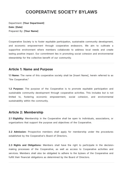 Free Cooperative Society Bylaws Template to Edit Online