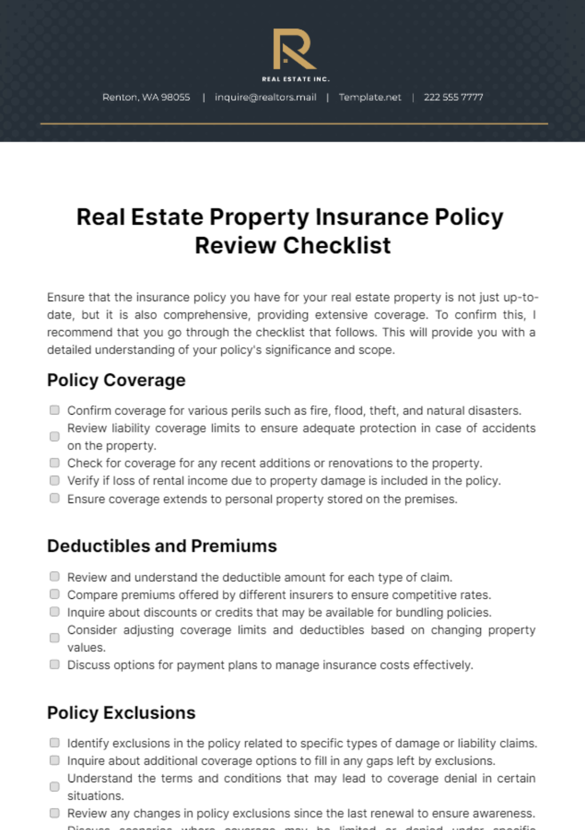Free Real Estate Property Insurance Policy Review Checklist Template