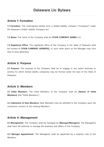 Free Delaware Llc Bylaws Template to Edit Online