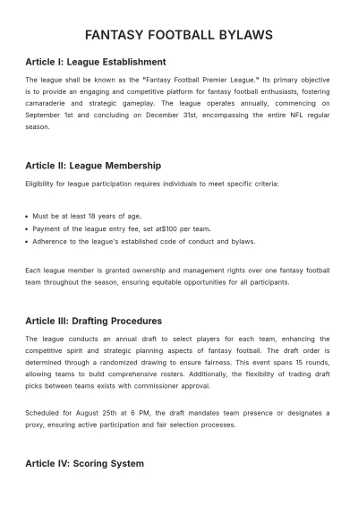 Free Fantasy Football Bylaws Template to Edit Online