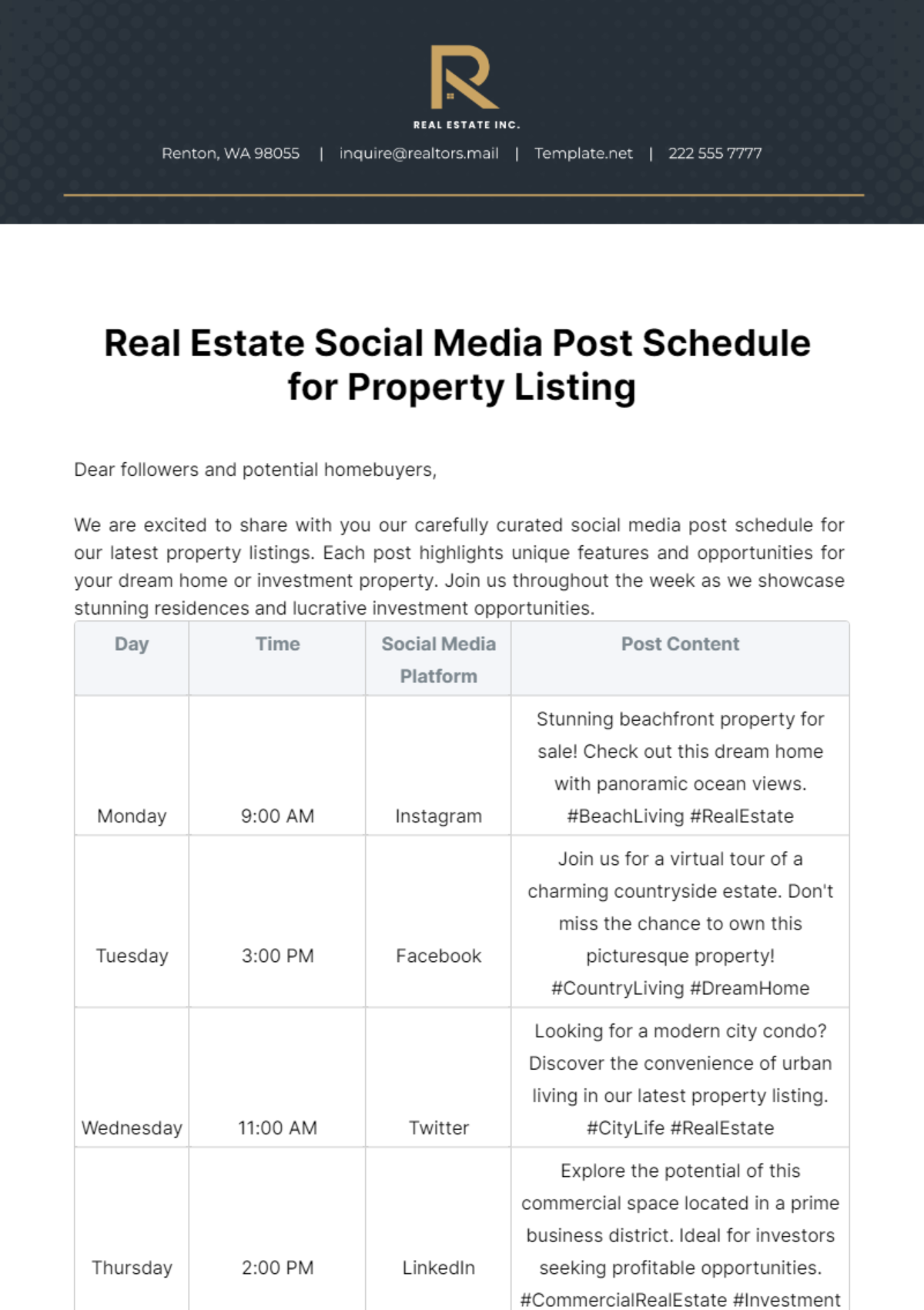 Real Estate Social Media Post Schedule for Property Listing Template