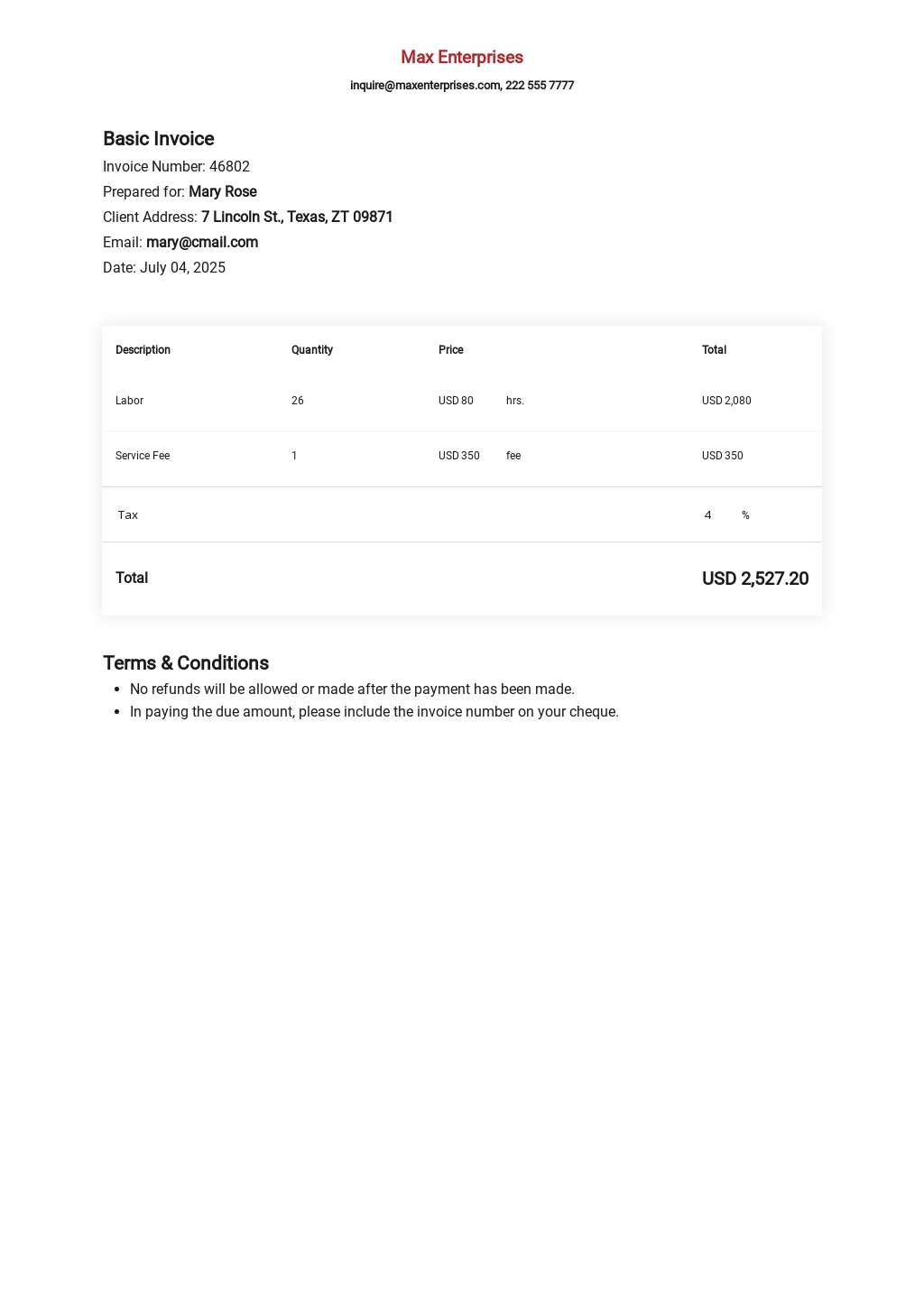 100% free simple invoice template