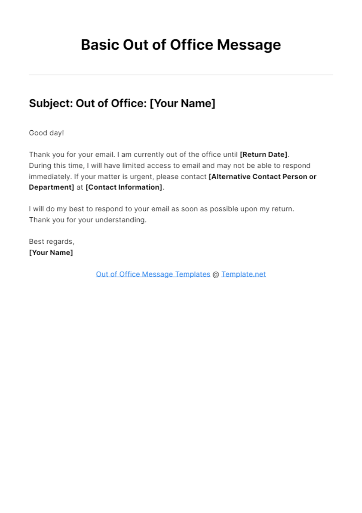 Basic Out of Office Message Template
