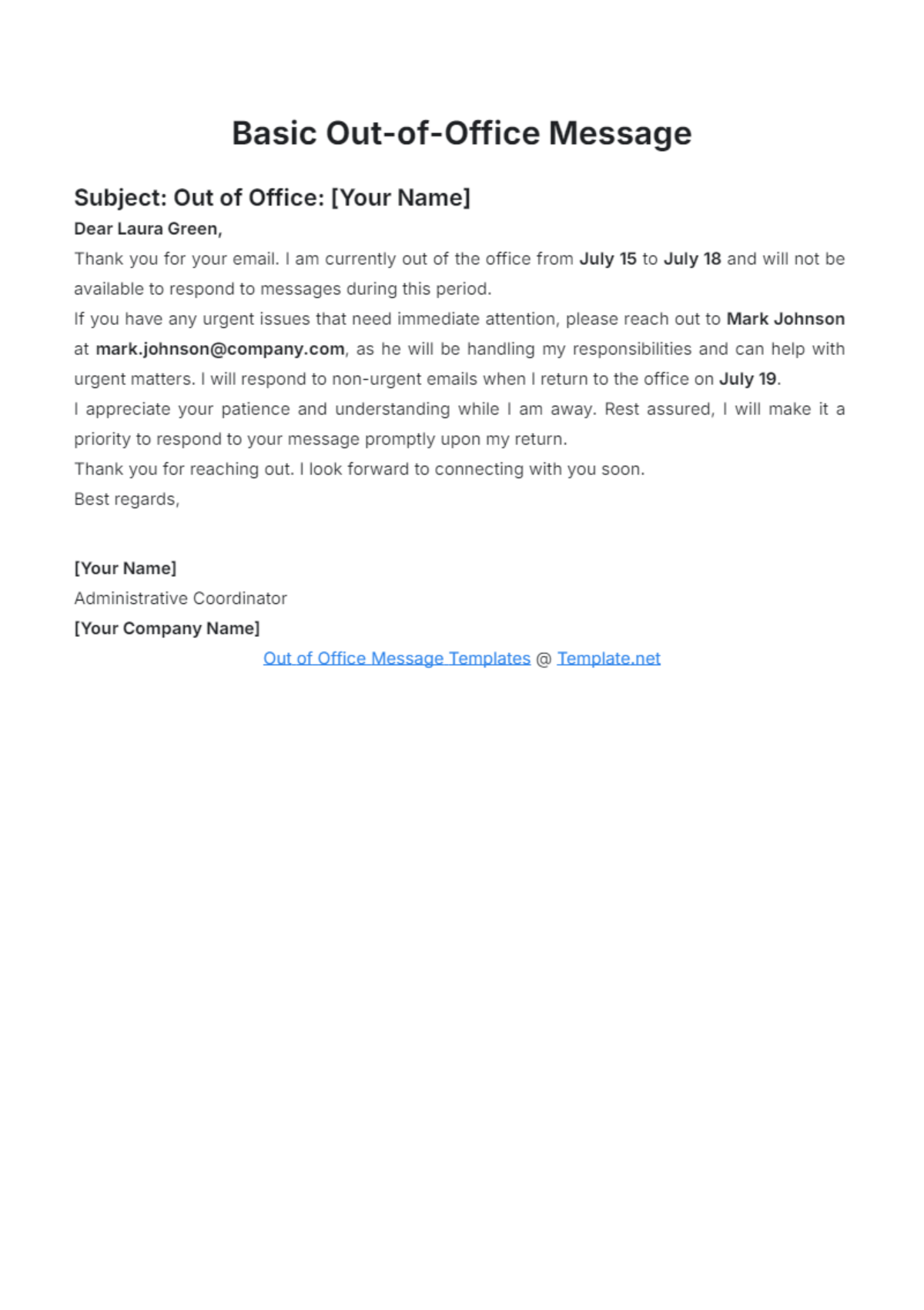 Basic Out of Office Message Template - Edit Online & Download