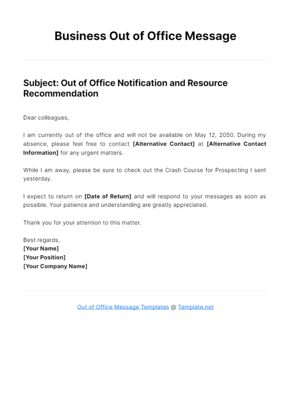 Business Out of Office Message Template