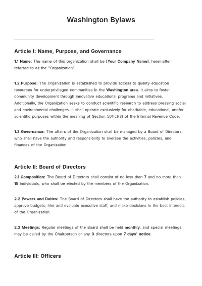 Free Washington Bylaws Template to Edit Online