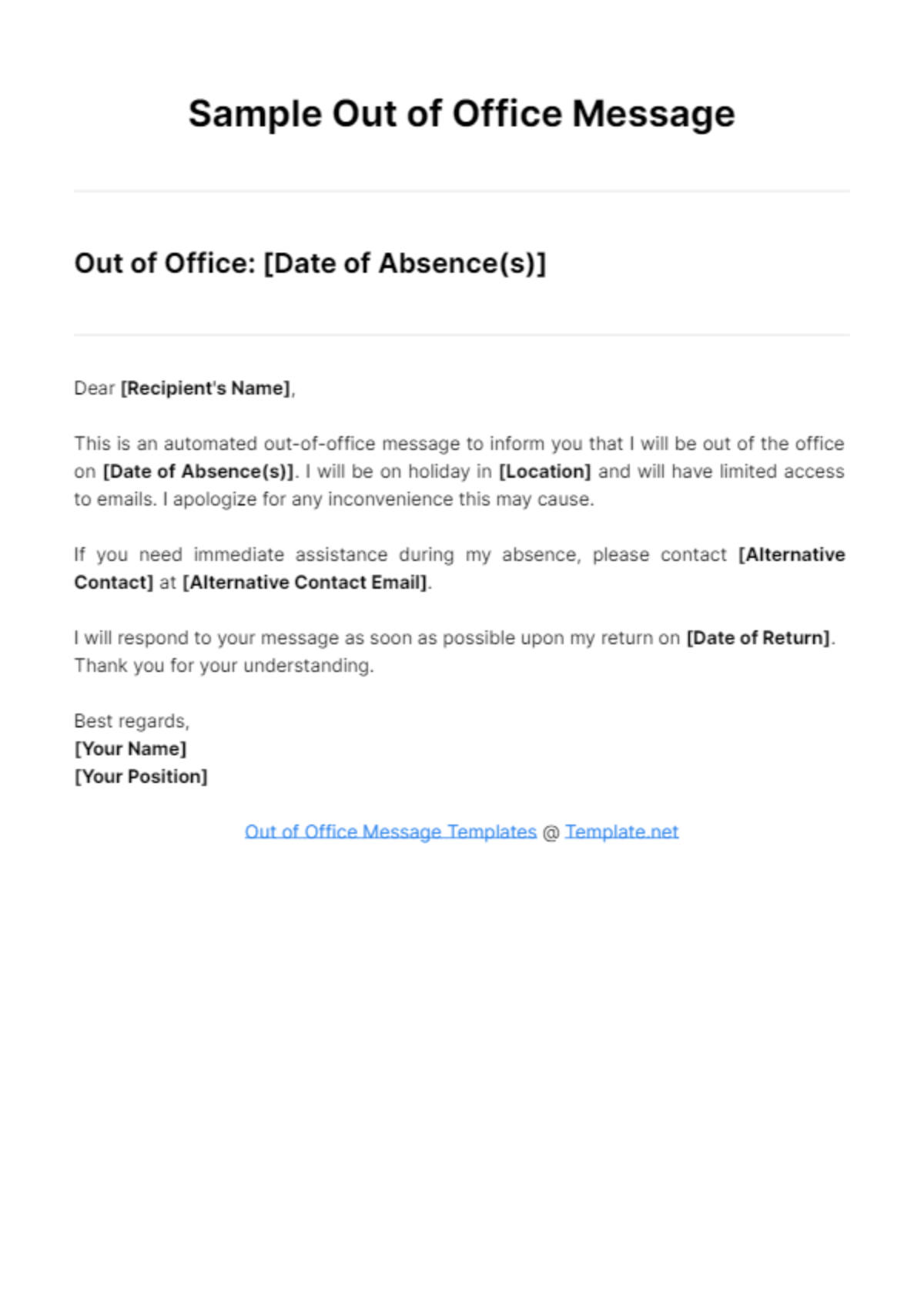 Sample Out of Office Message Template