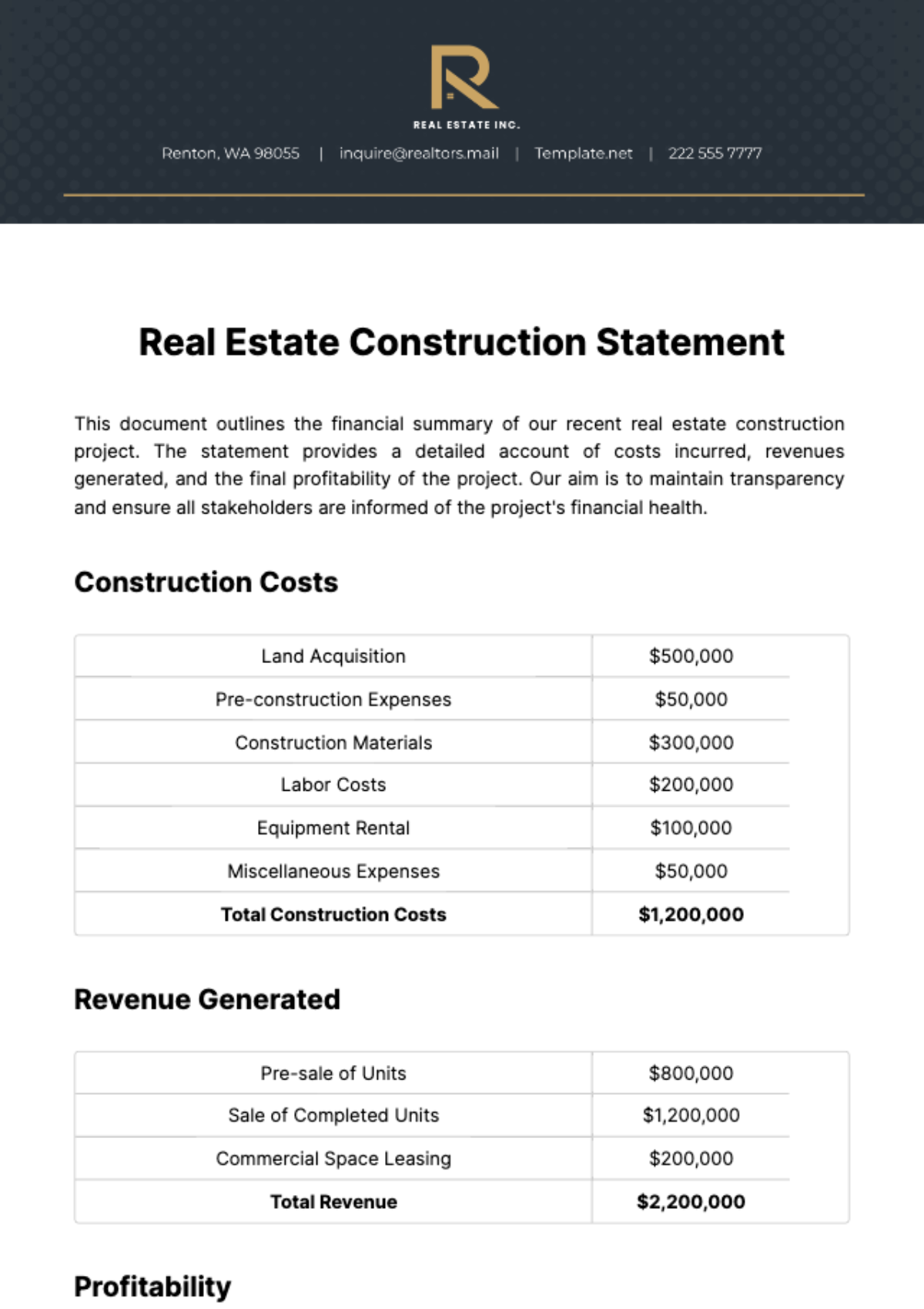 Free Real Estate Construction Statement Template