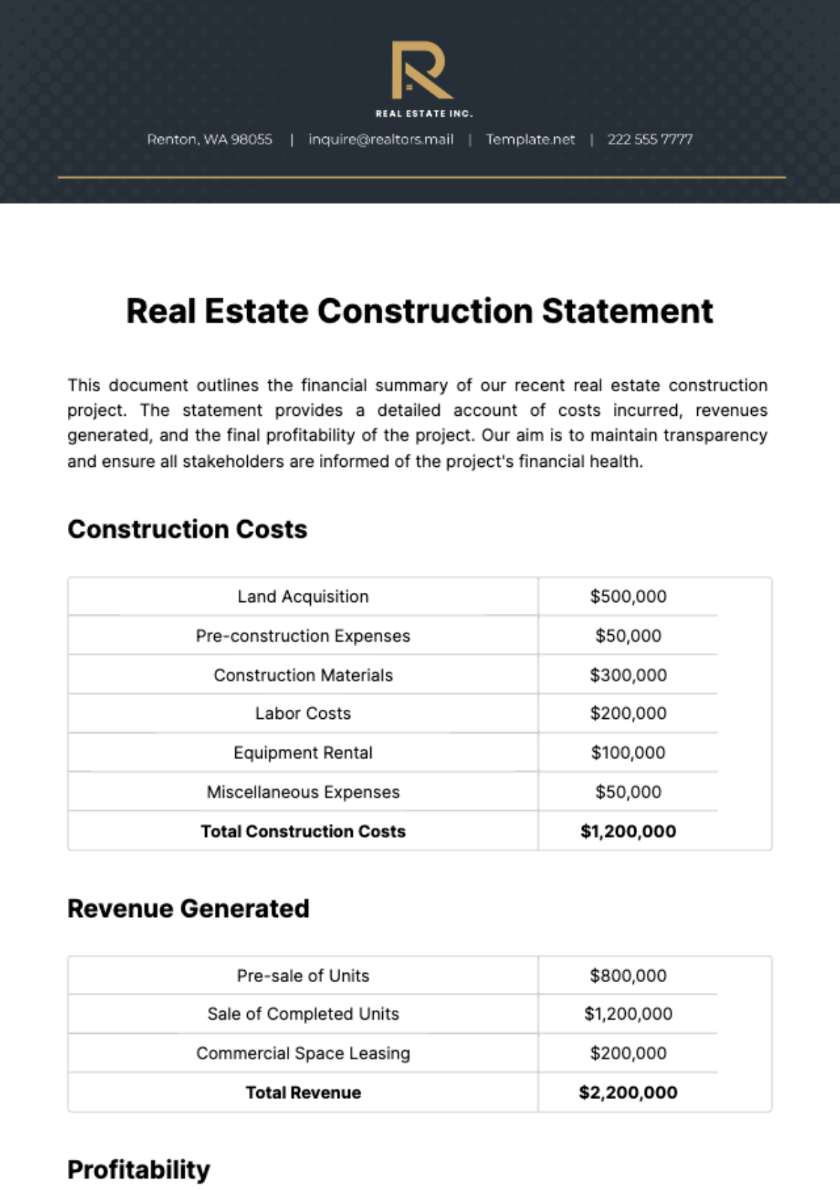 Real Estate Construction Statement Template - Edit Online & Download