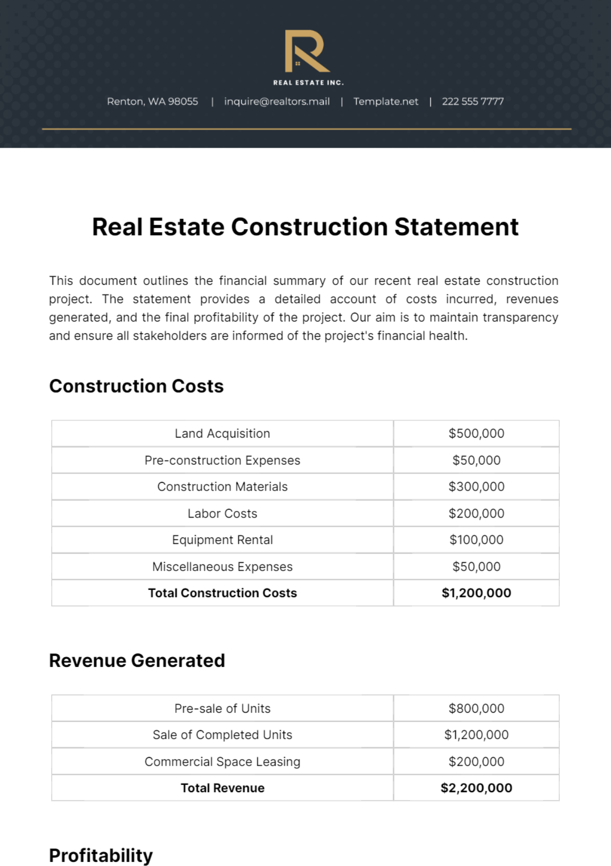 Real Estate Construction Statement Template