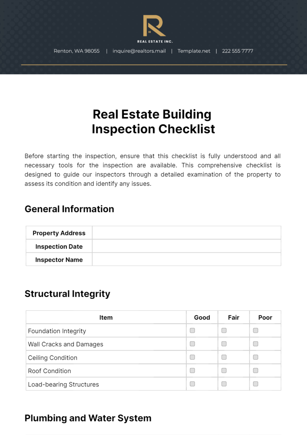 Real Estate Building Inspection Checklist Template