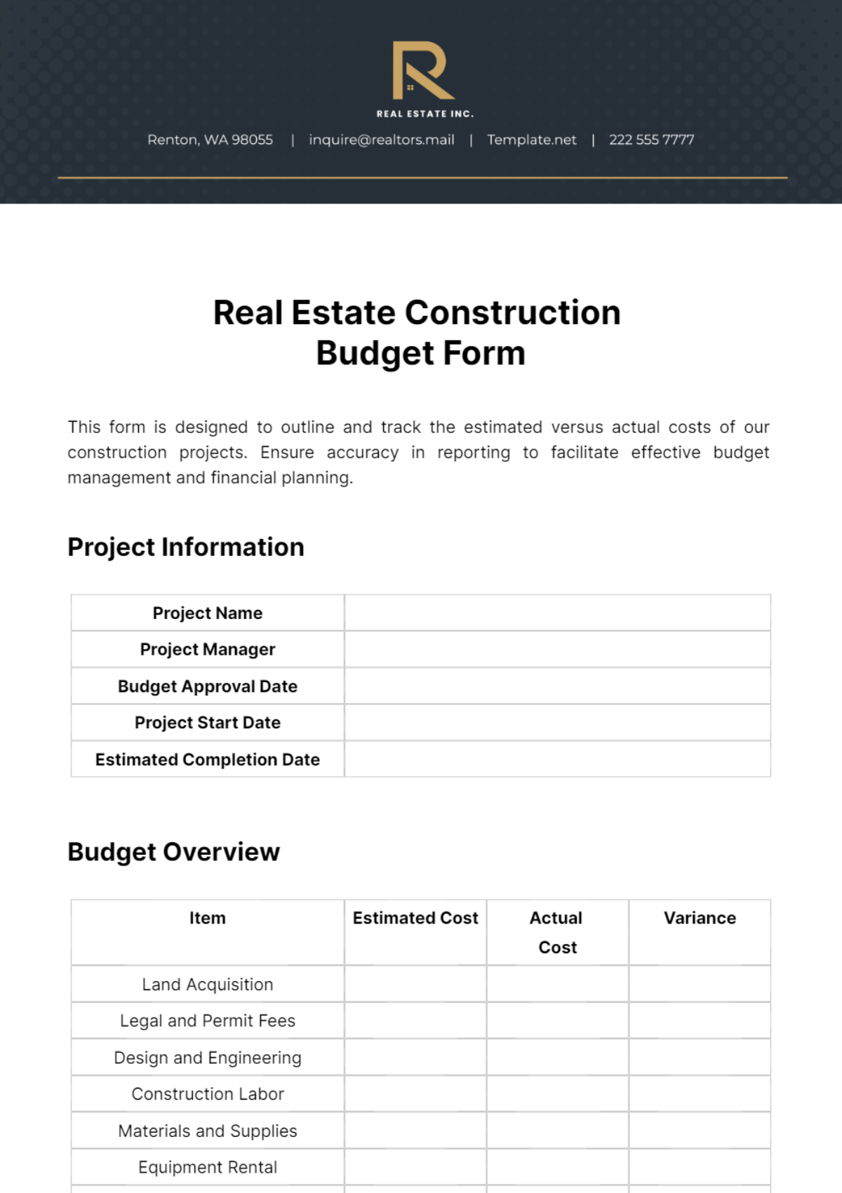 Free Real Estate Construction Budget Form Template
