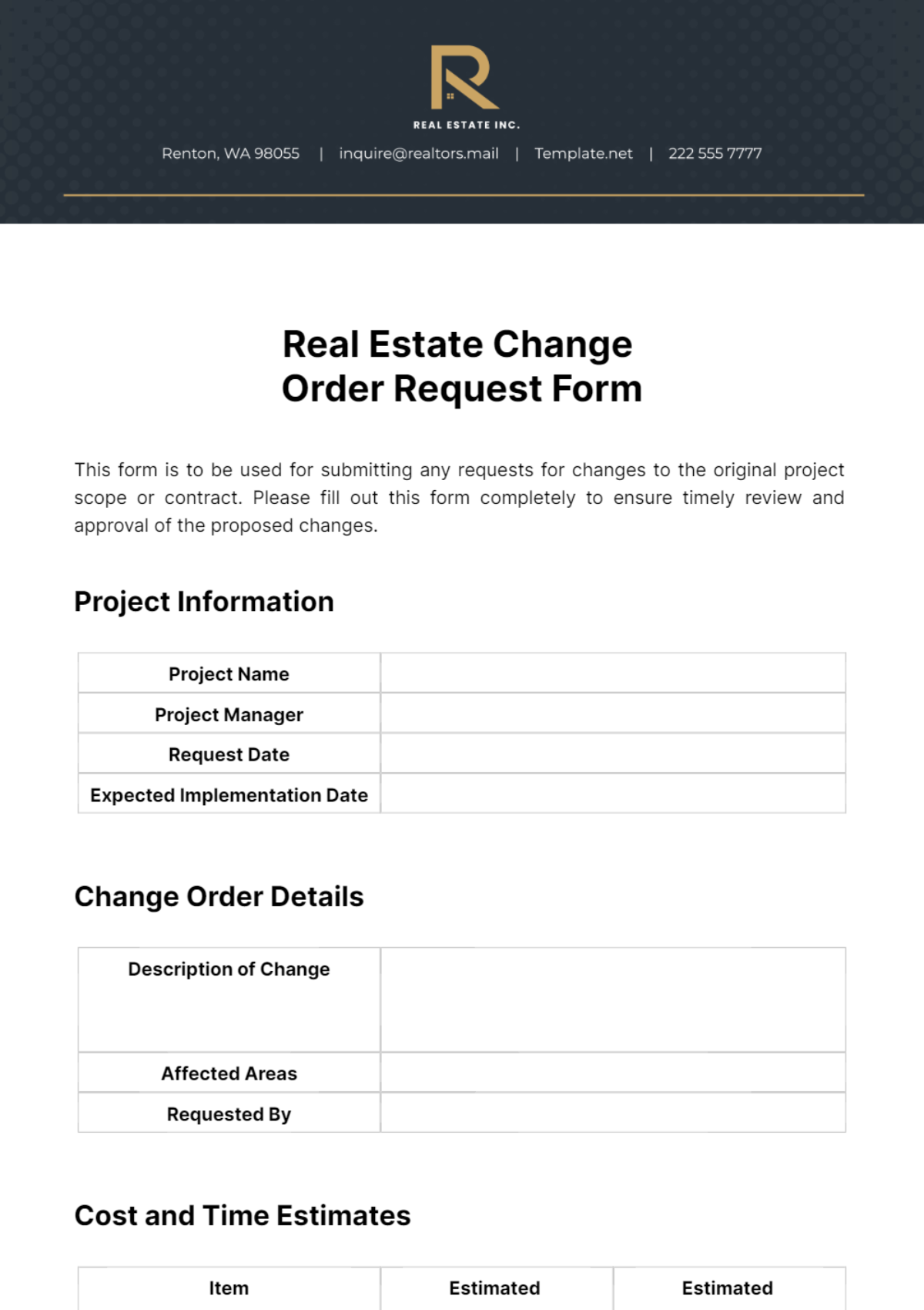 Free Real Estate Change Order Request Form Template