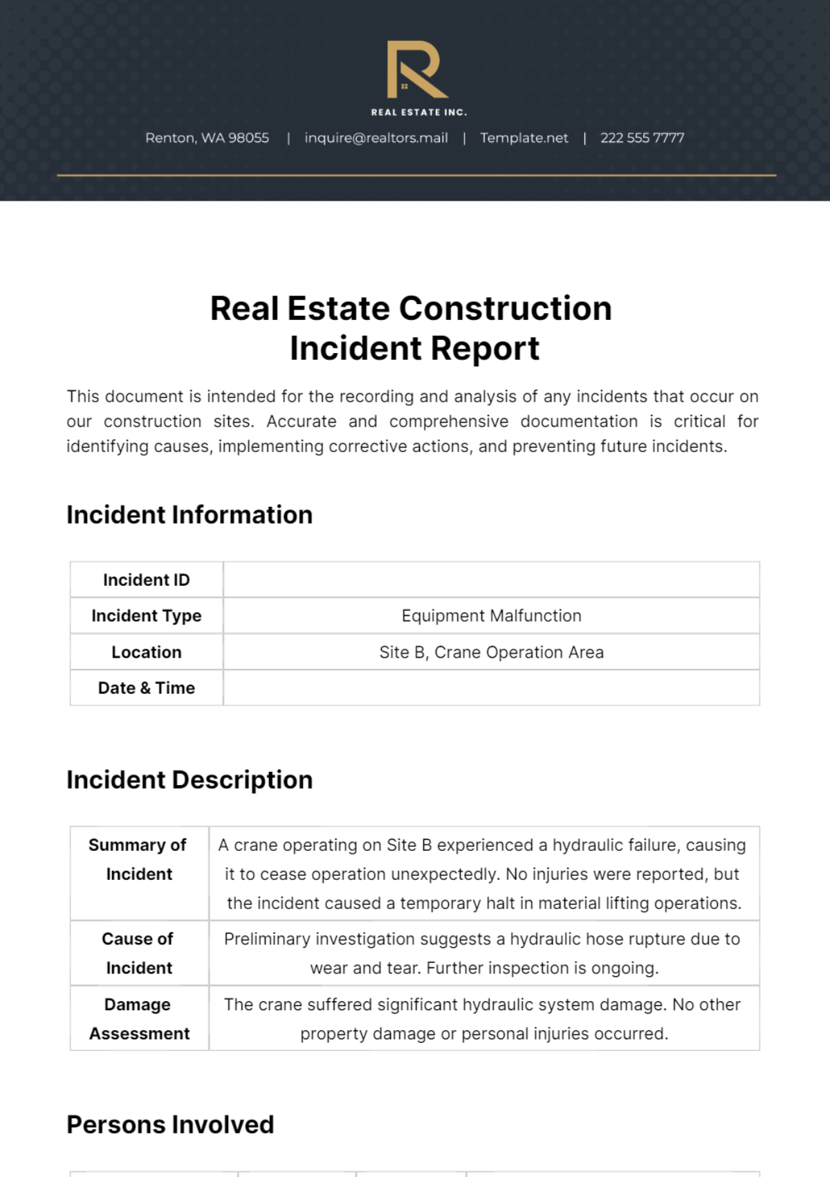 Real Estate Construction Incident Report Template