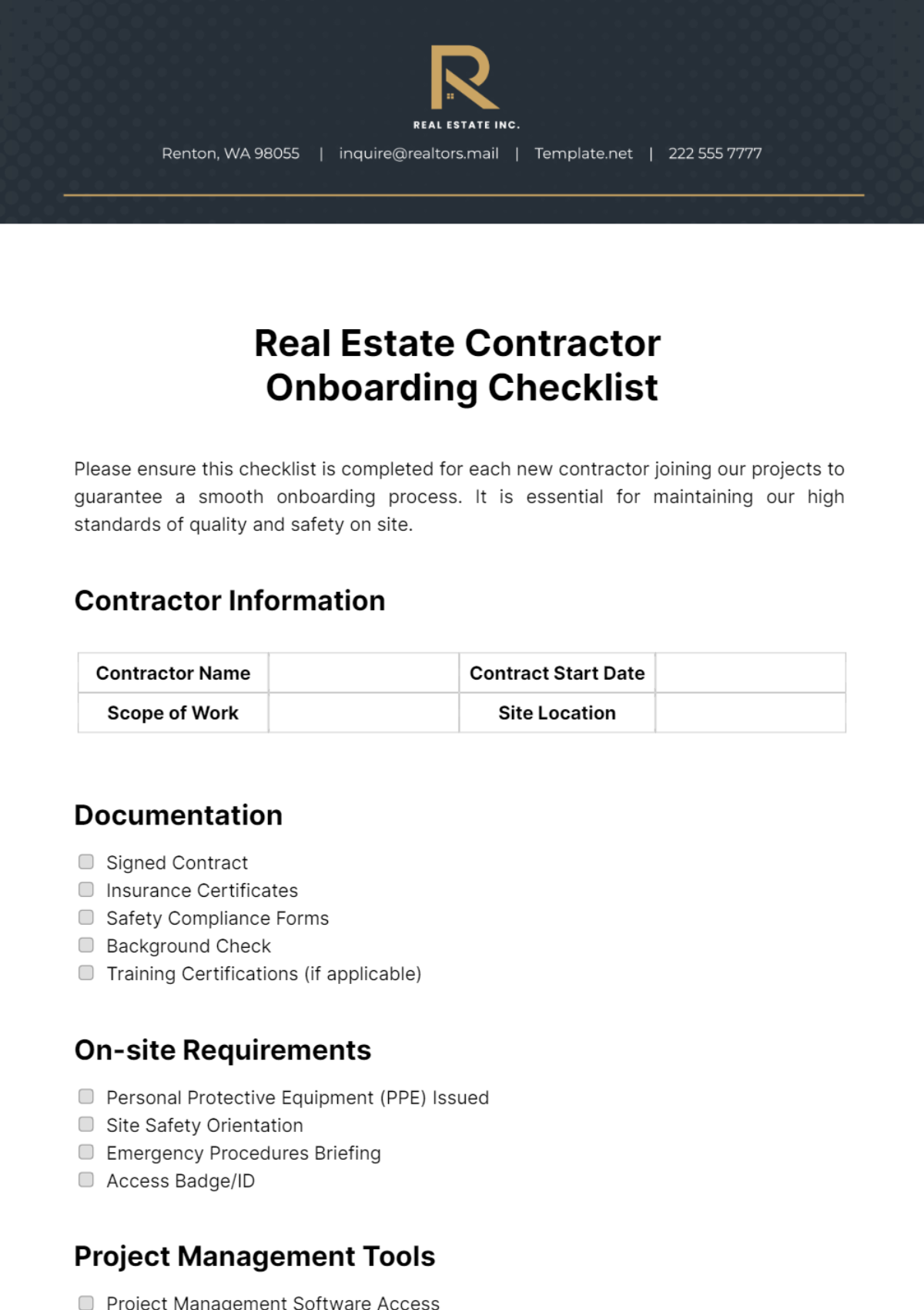 Real Estate Contractor Onboarding Checklist Template