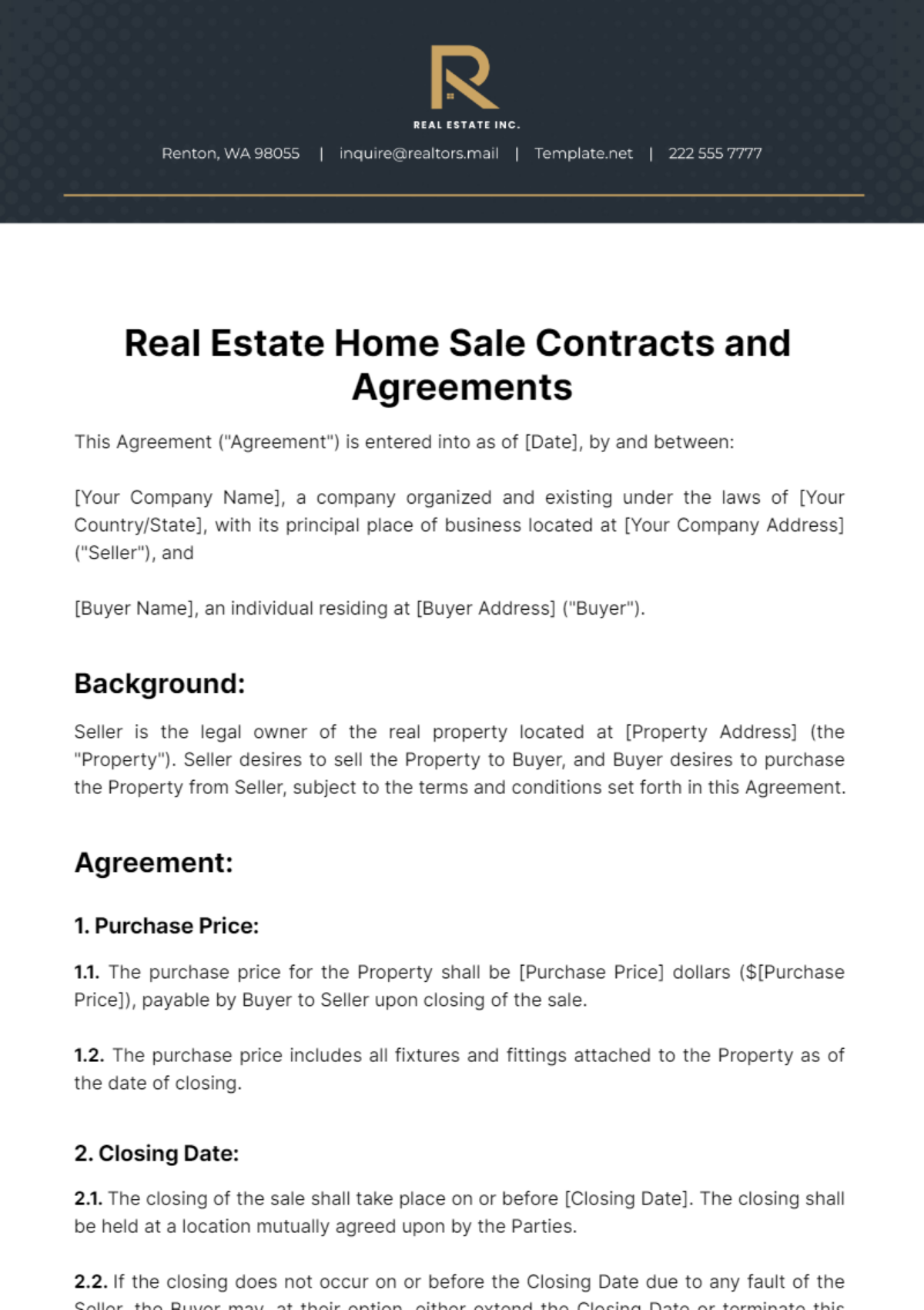 Free Real Estate Home Sale Contracts and Agreements Template