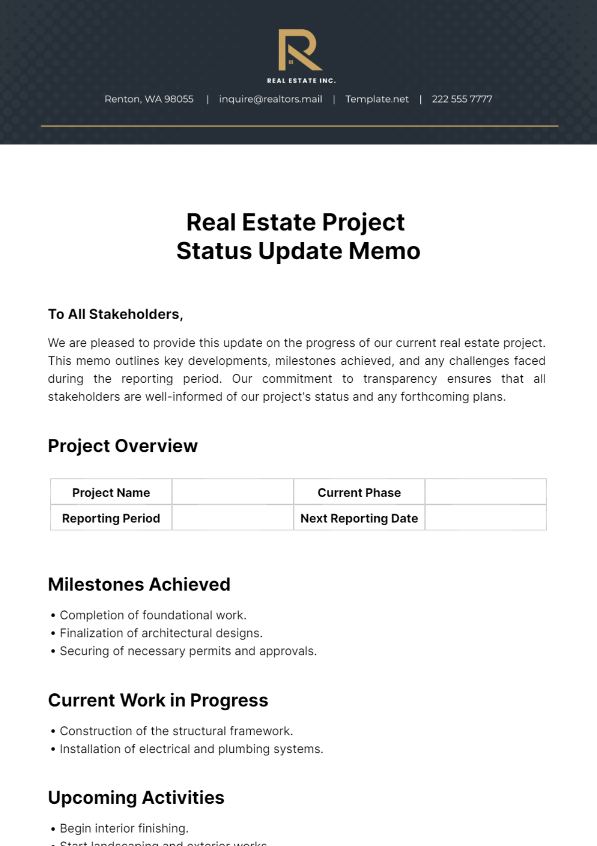 Free Real Estate Project Status Update Memo Template
