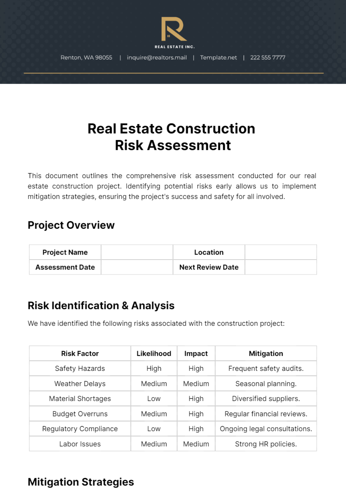Real Estate Construction Risk Assessment Template