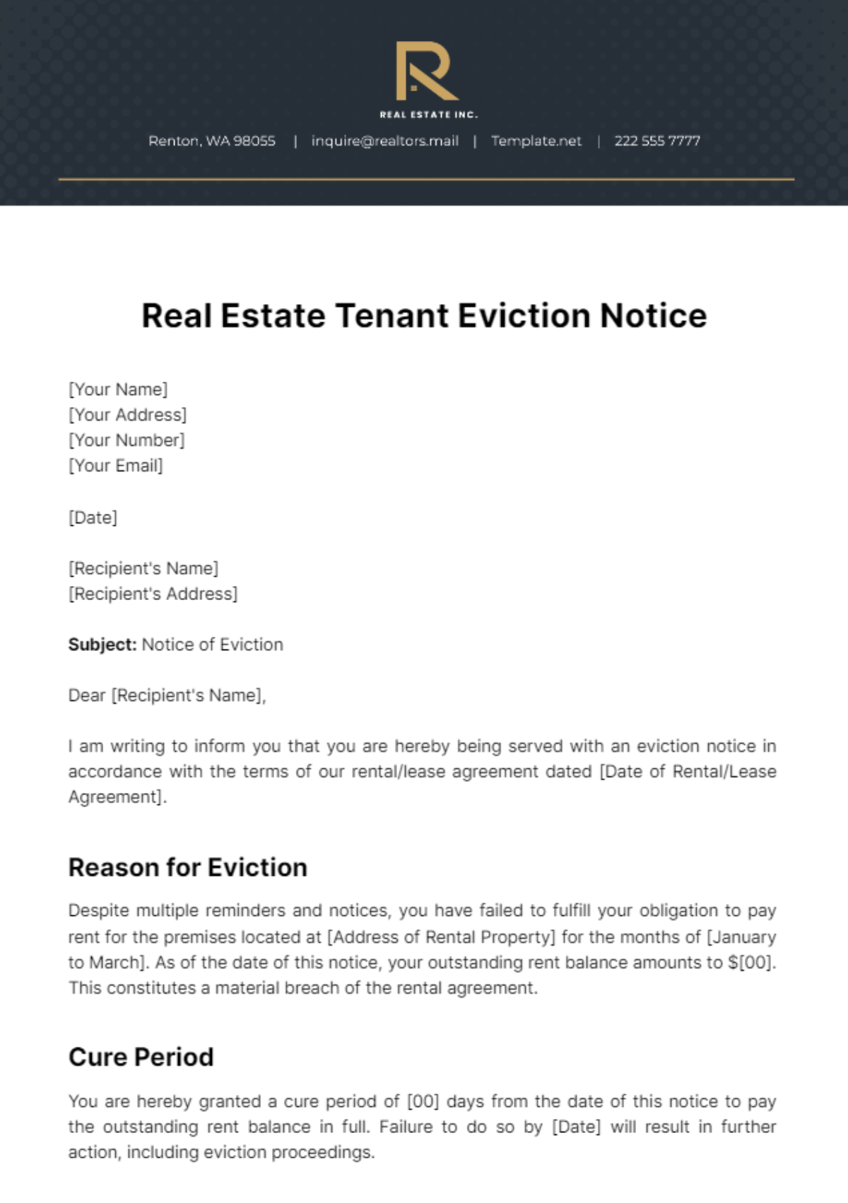 Real Estate Tenant Eviction Notice Template