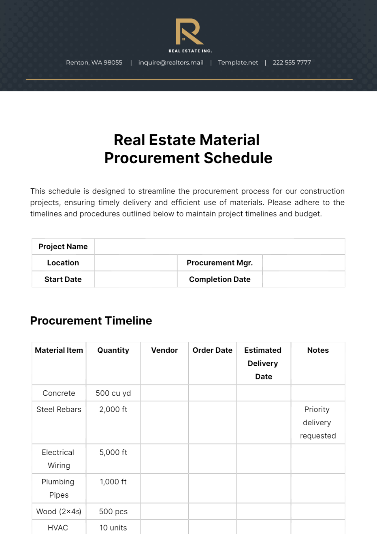 Real Estate Material Procurement Schedule Template