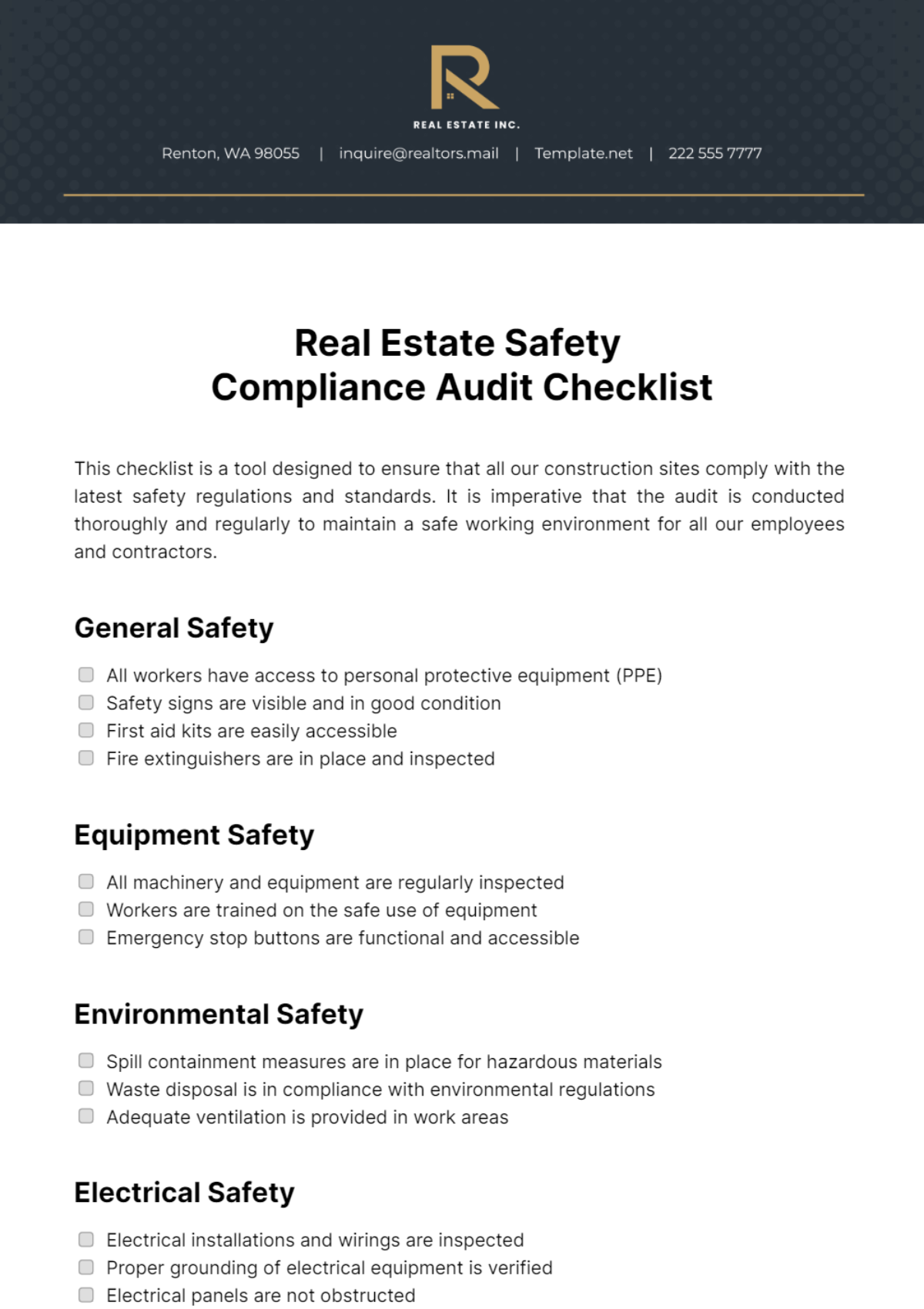 Free Real Estate Safety Compliance Audit Checklist Template