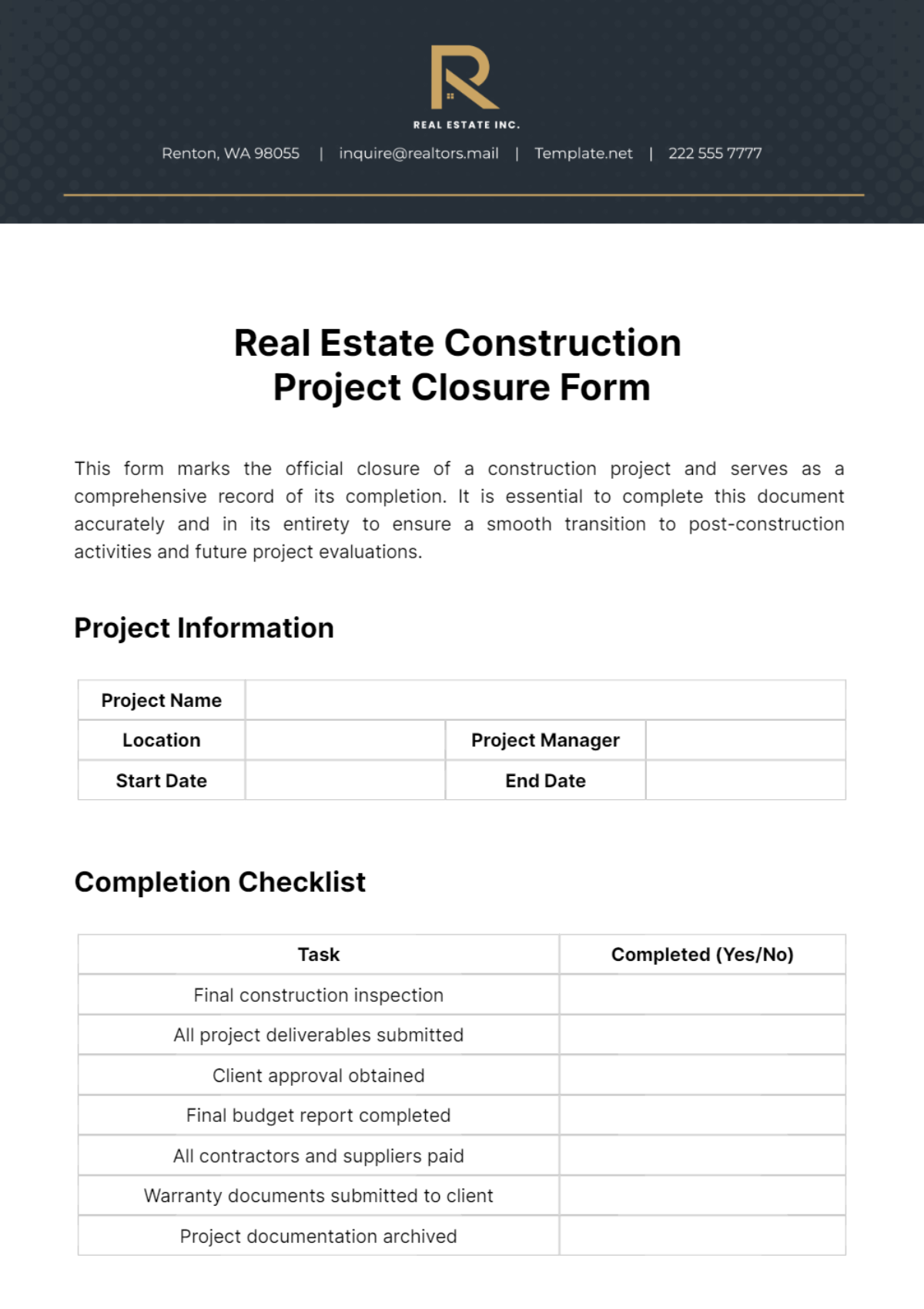 Real Estate Construction Project Closure Form Template