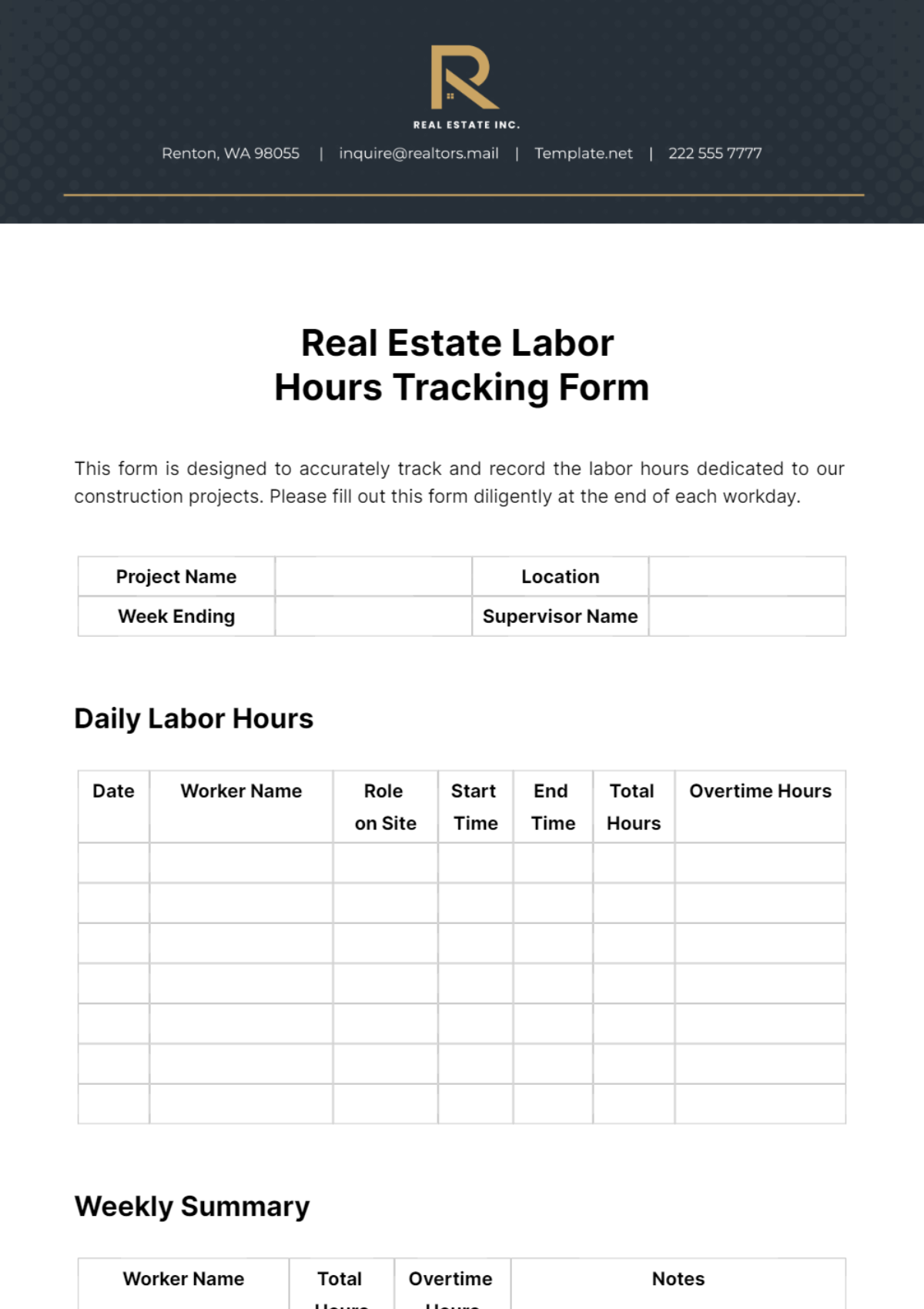 Real Estate Labor Hours Tracking Form Template