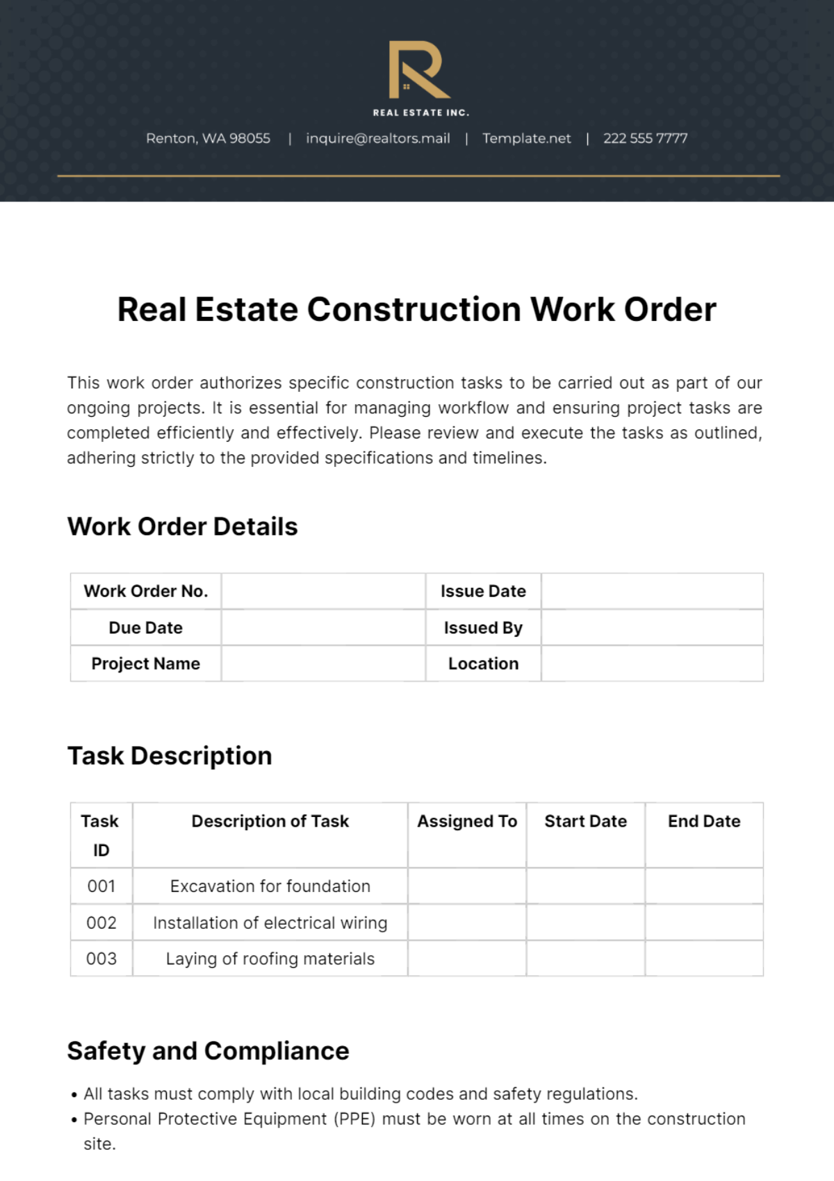 Free Real Estate Construction Work Order Template