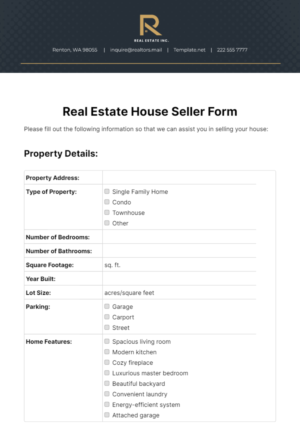 Free Real Estate House Seller Form Template