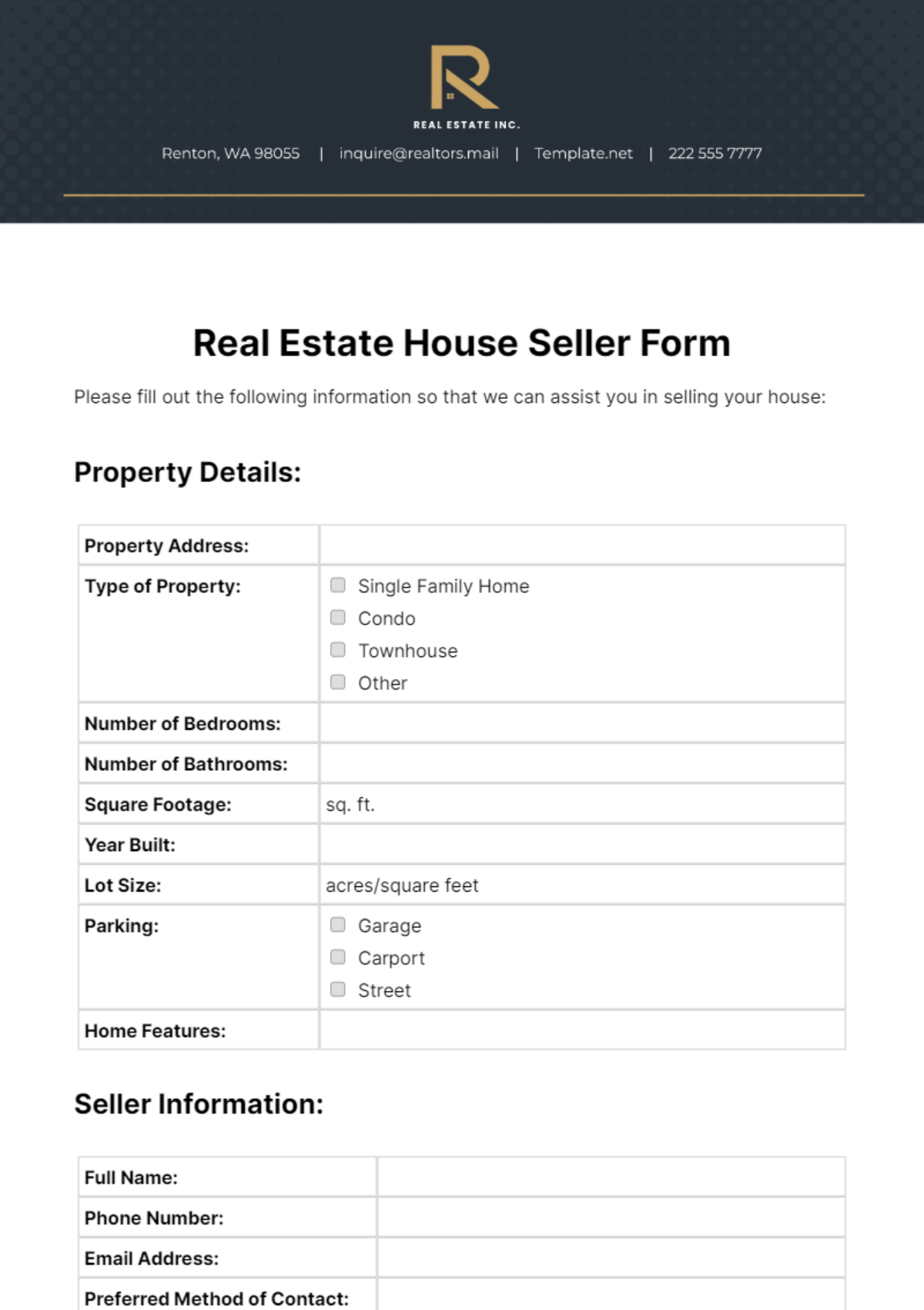 Real Estate House Seller Form Template