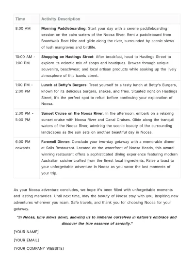 Free Noosa Itinerary Template to Edit Online