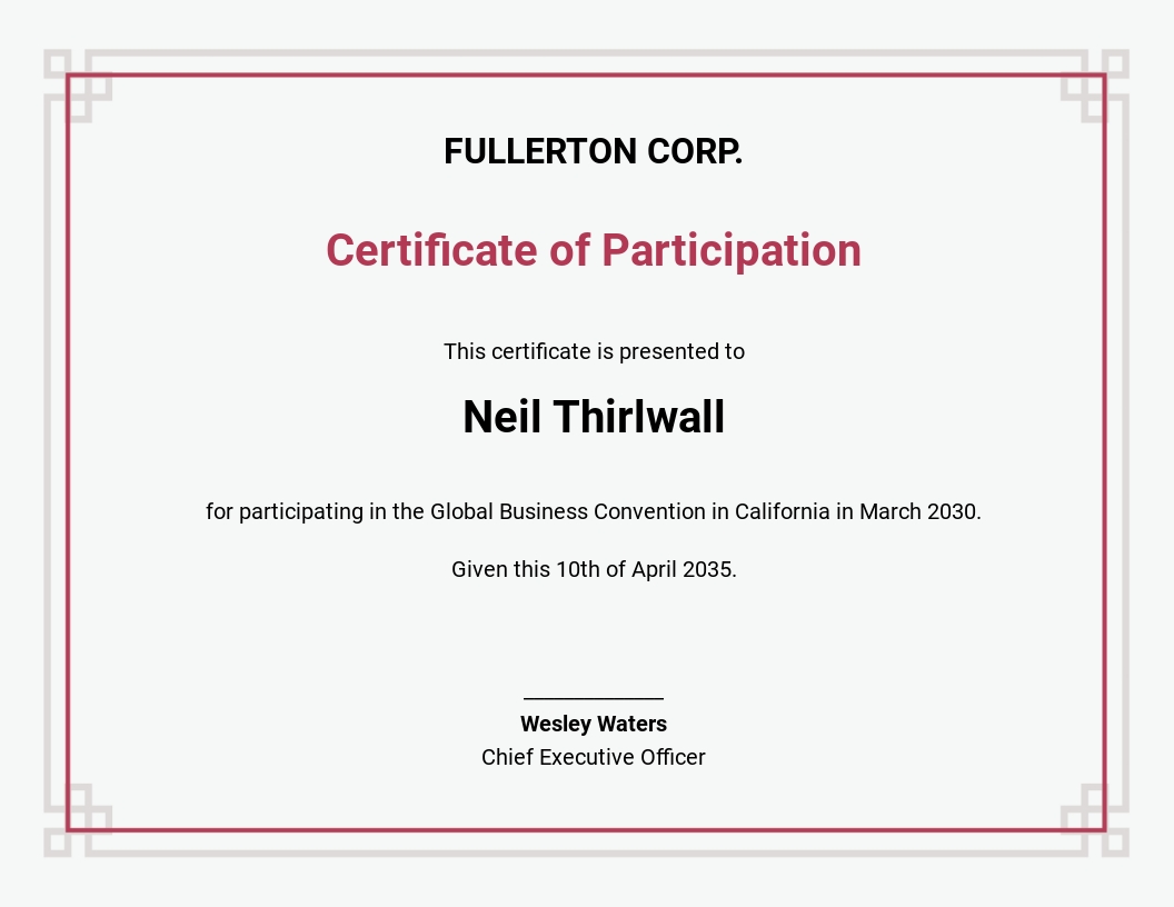 Sample Participation Certificate Template - Word  Template.net In Participation Certificate Templates Free Download