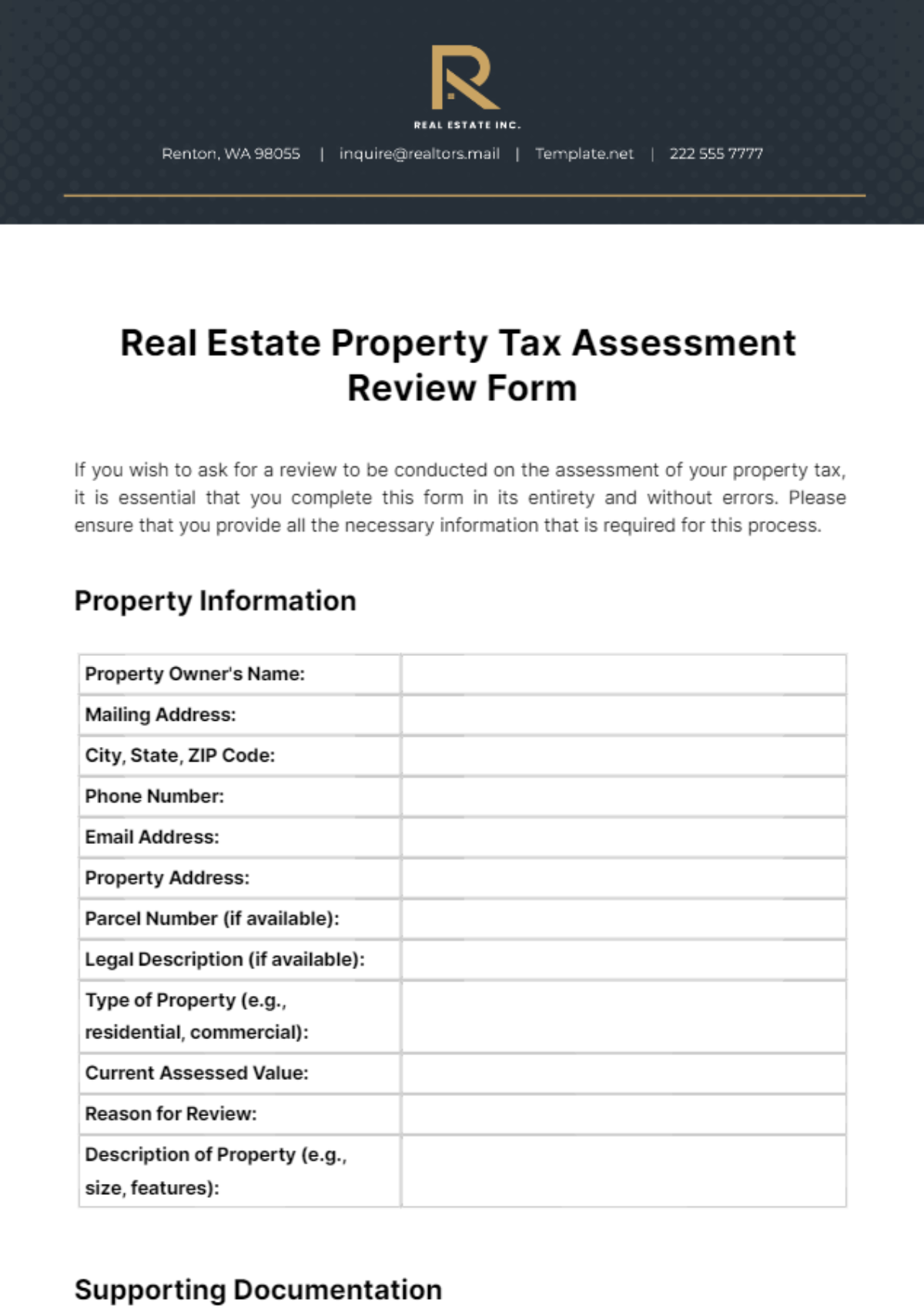 Free Real Estate Property Tax Assessment Review Form Template