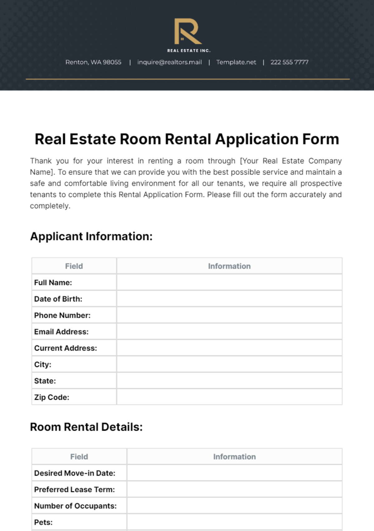 Free Real Estate Room Rental Application Form Template