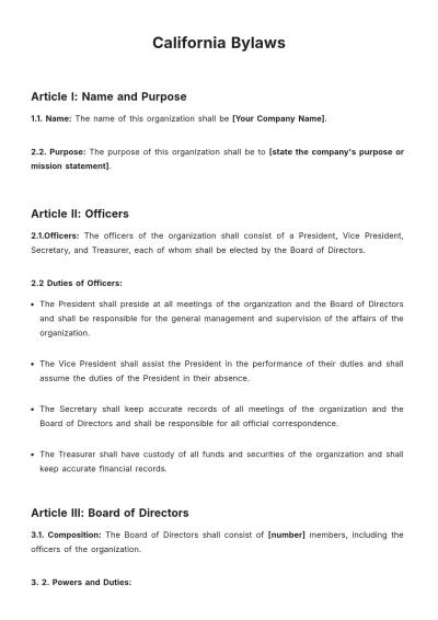 Free California Bylaws Template to Edit Online