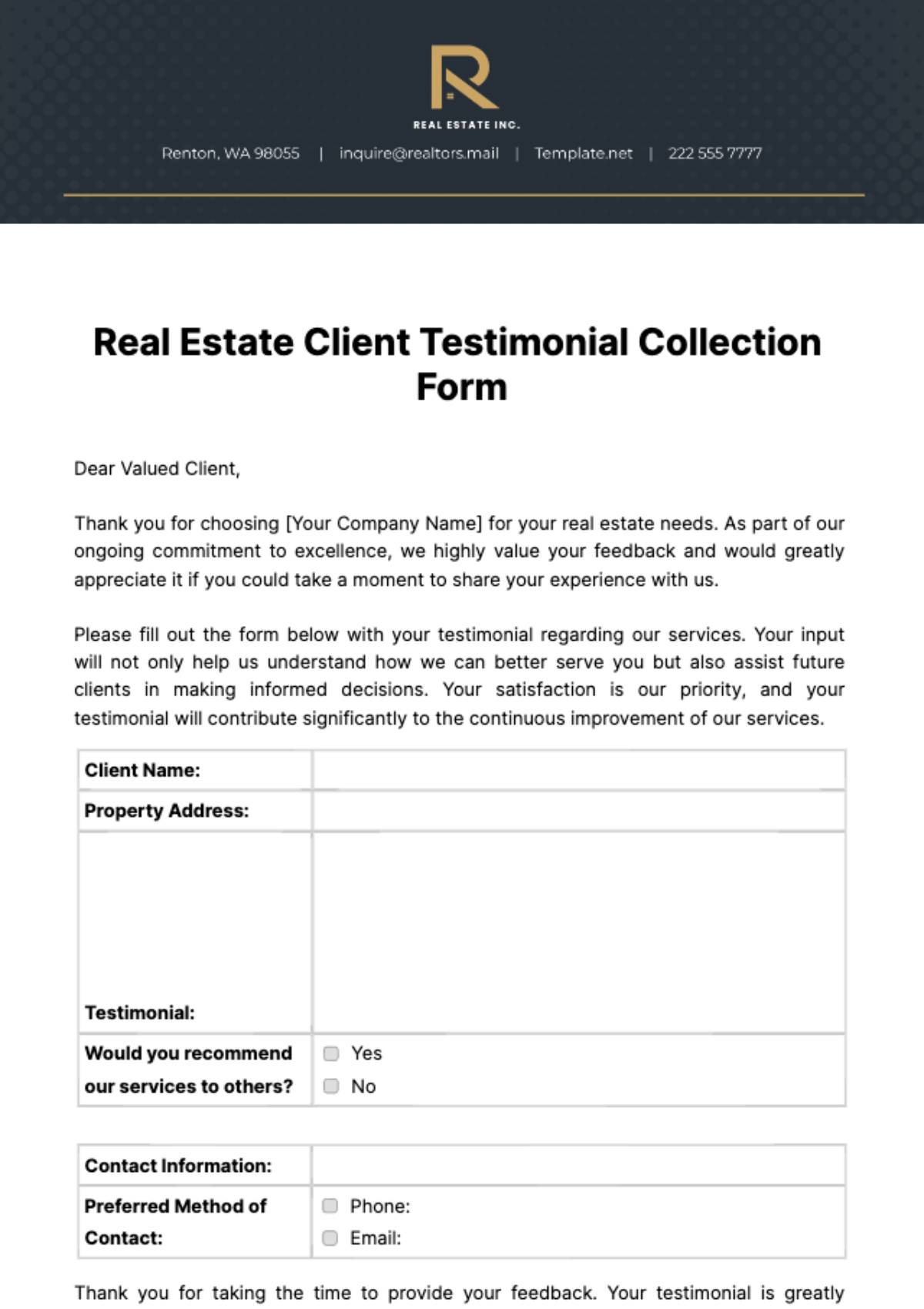 Free Real Estate Client Testimonial Collection Form Template