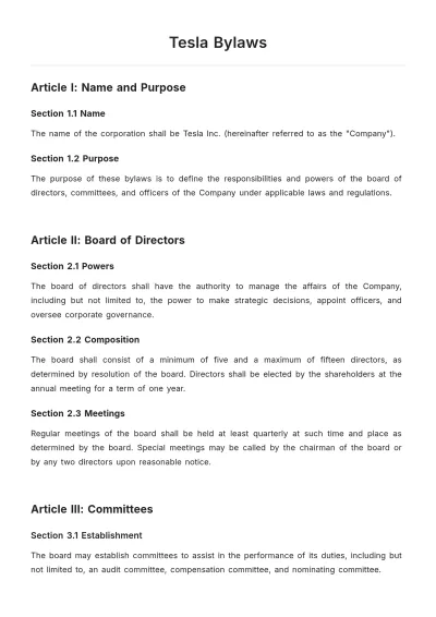 Free Tesla Bylaws Template to Edit Online