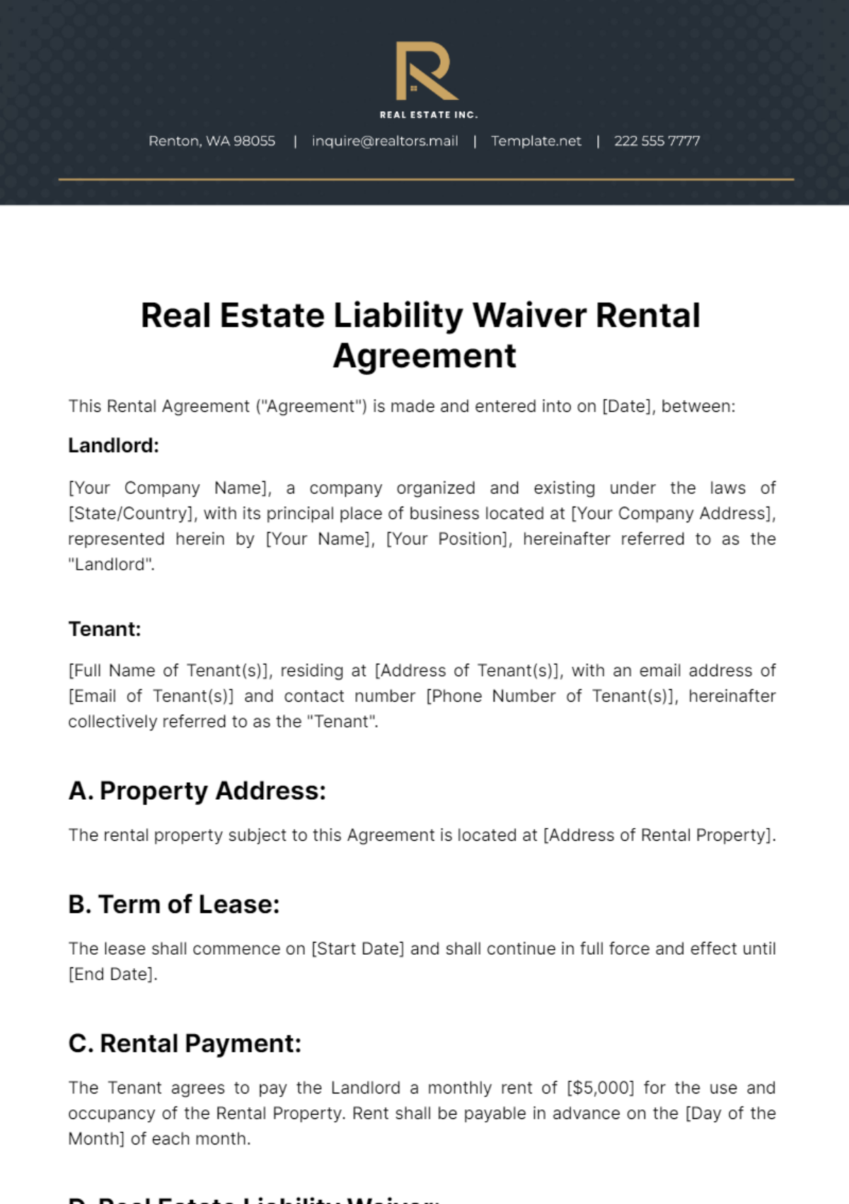 Real Estate Liability Waiver Rental Agreement Template