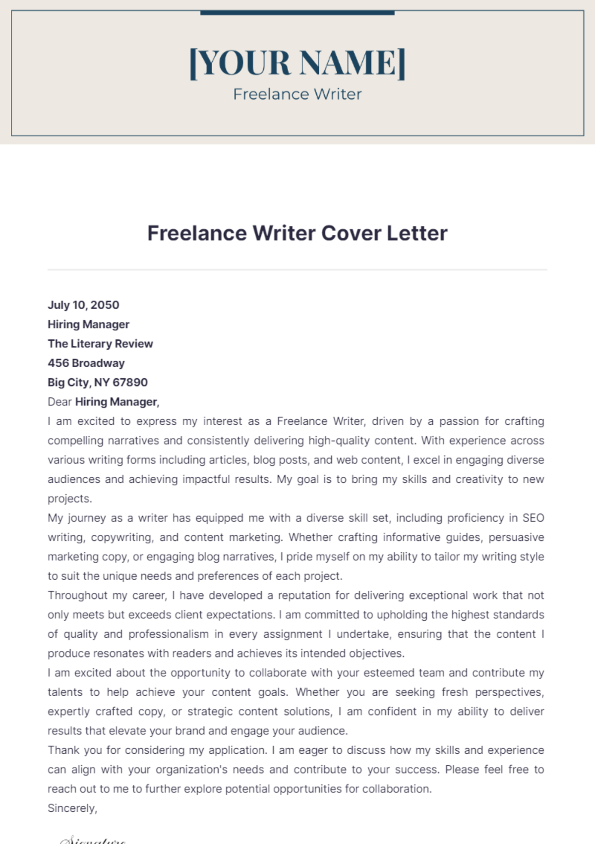 Freelance Writer Cover Letter - Edit Online & Download