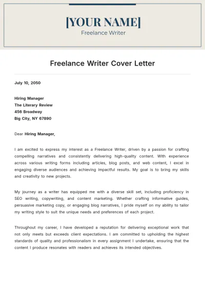 Free Freelance Writer Cover Letter to Edit Online