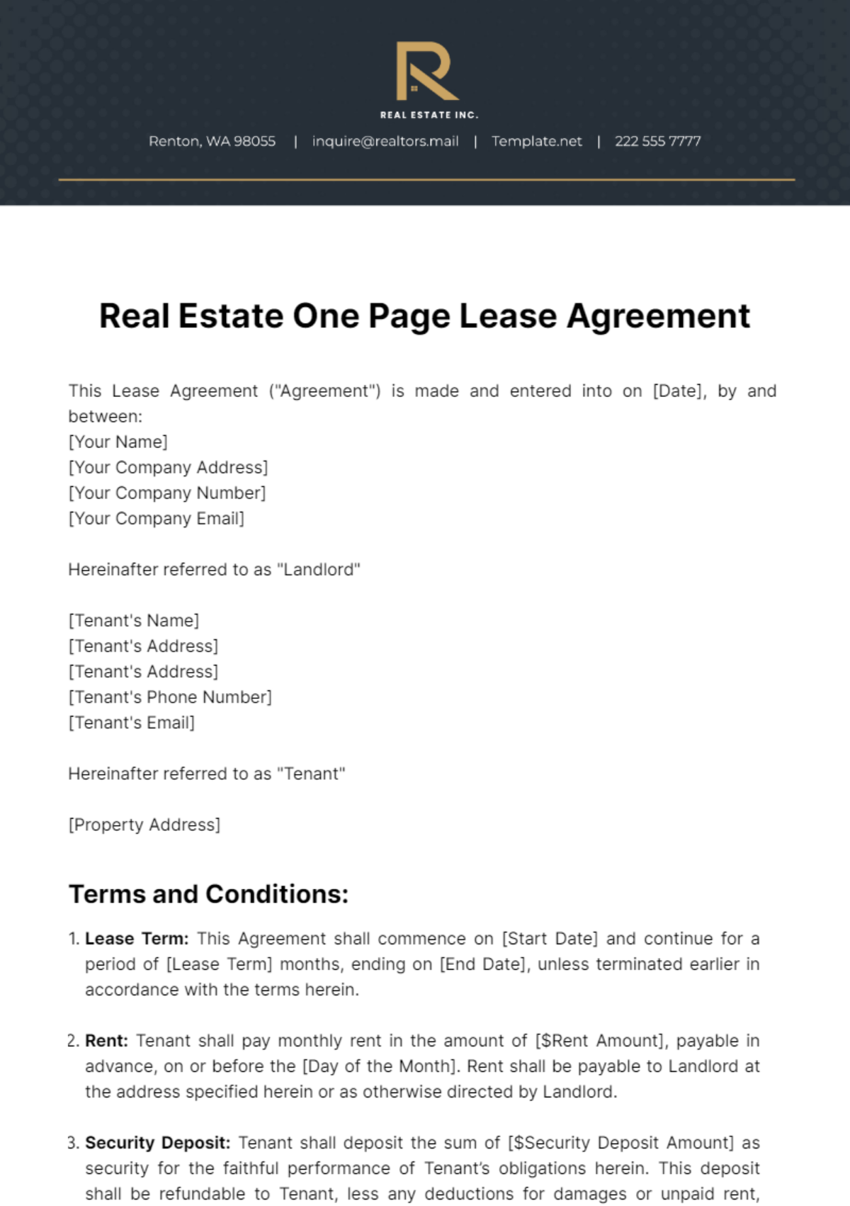 Real Estate One Page Lease Agreement Template