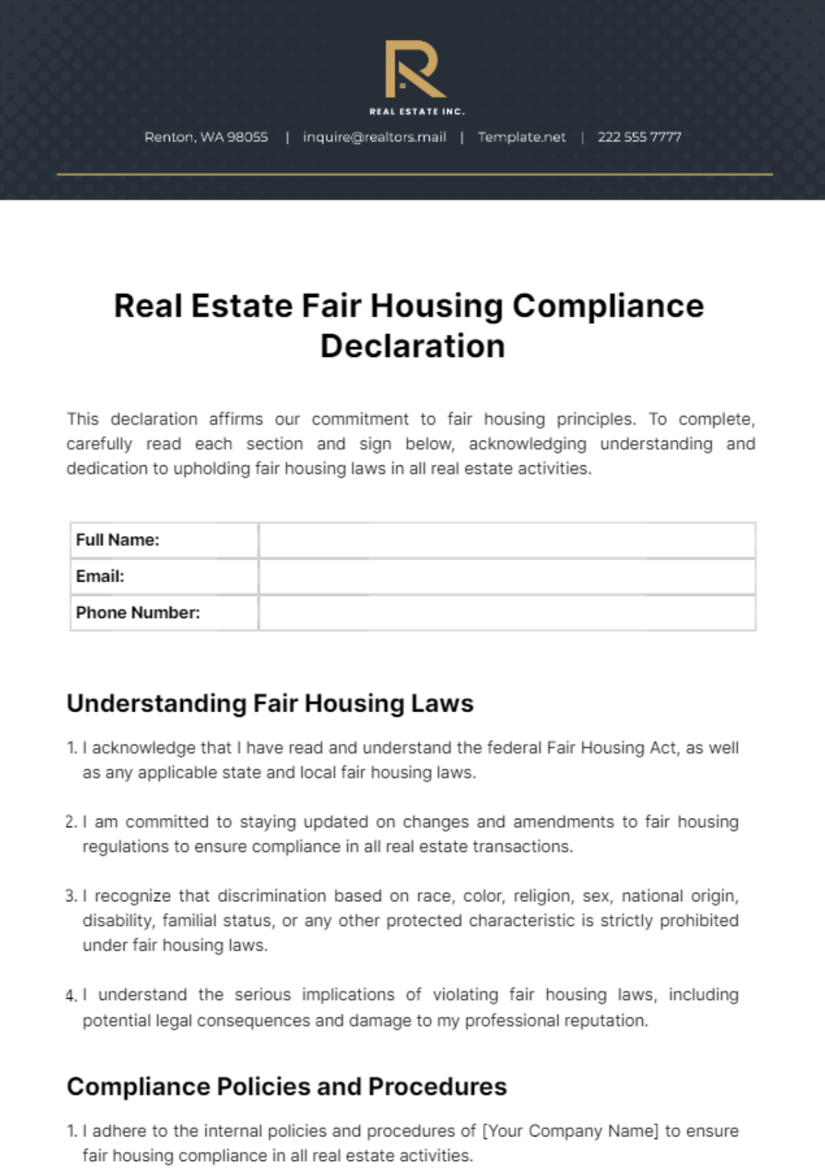 Real Estate Fair Housing Compliance Declaration Template