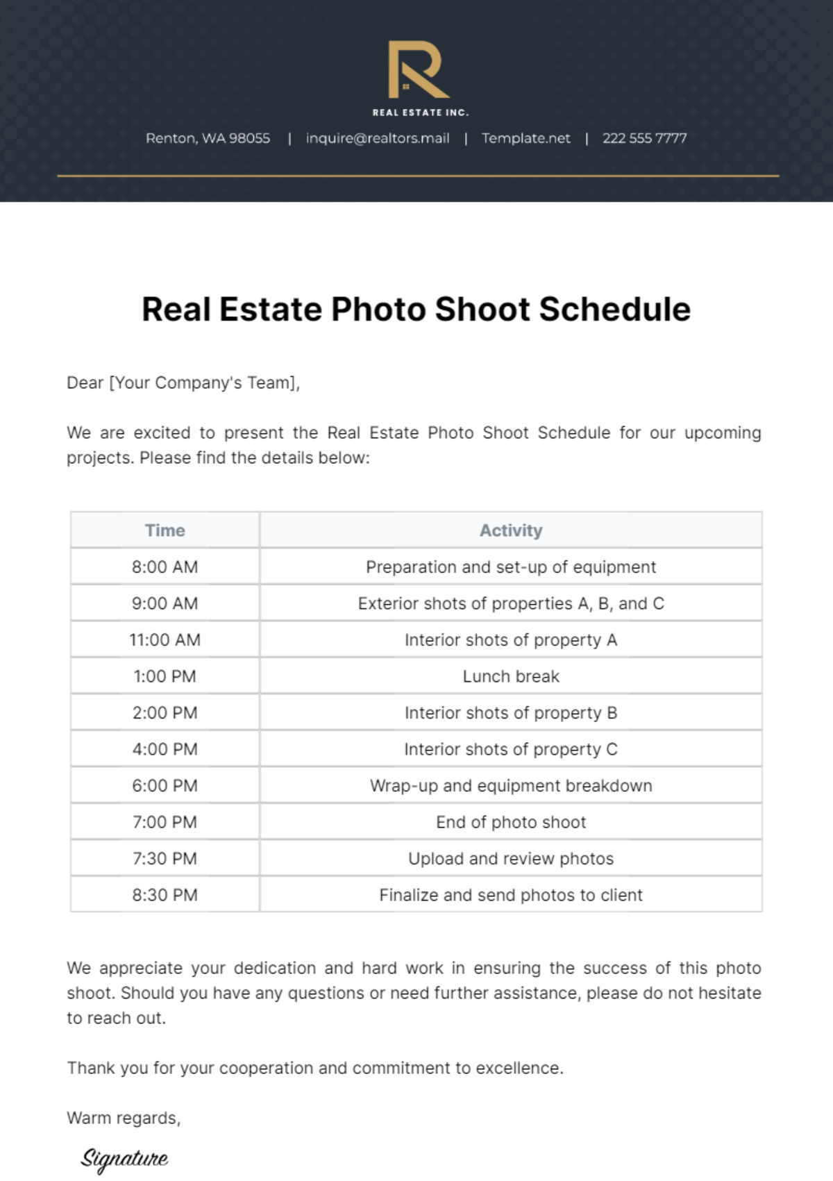 Real Estate Photo Shoot Schedule Template