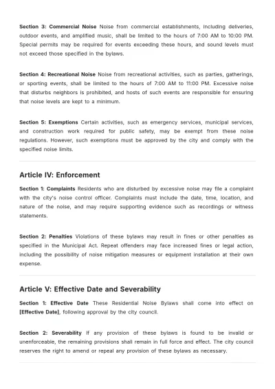 Free Residential Noise Bylaws Template to Edit Online