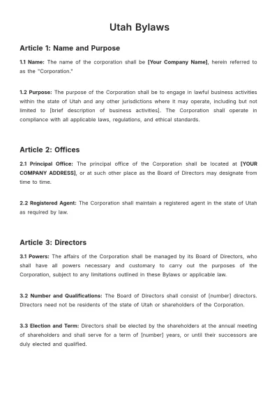 Free Utah Bylaws Template to Edit Online