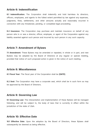 Free Utah Bylaws Template to Edit Online