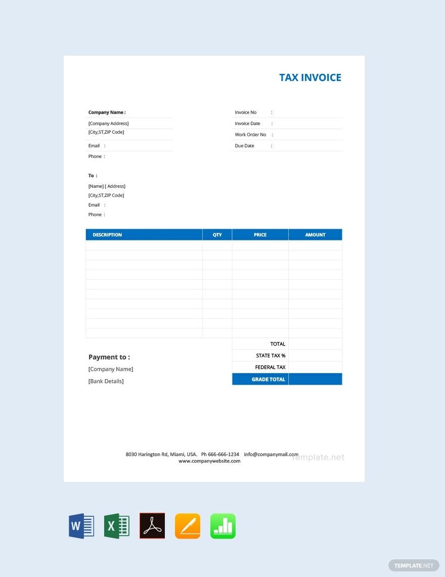 Basic Tax Invoice Template in Google Docs, Google Sheets, PDF, Pages, Word, Apple Numbers, Excel - Download | Template.net