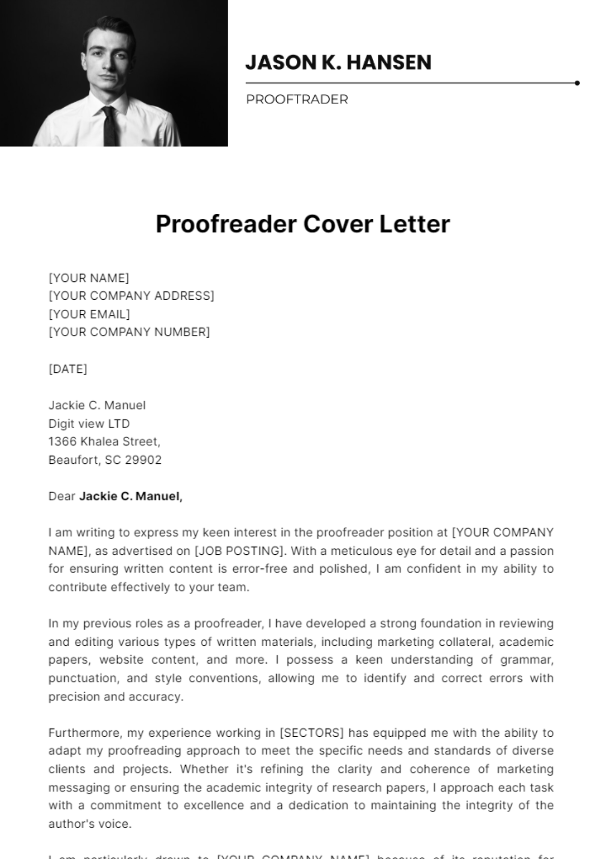 Proofreader Cover Letter Template