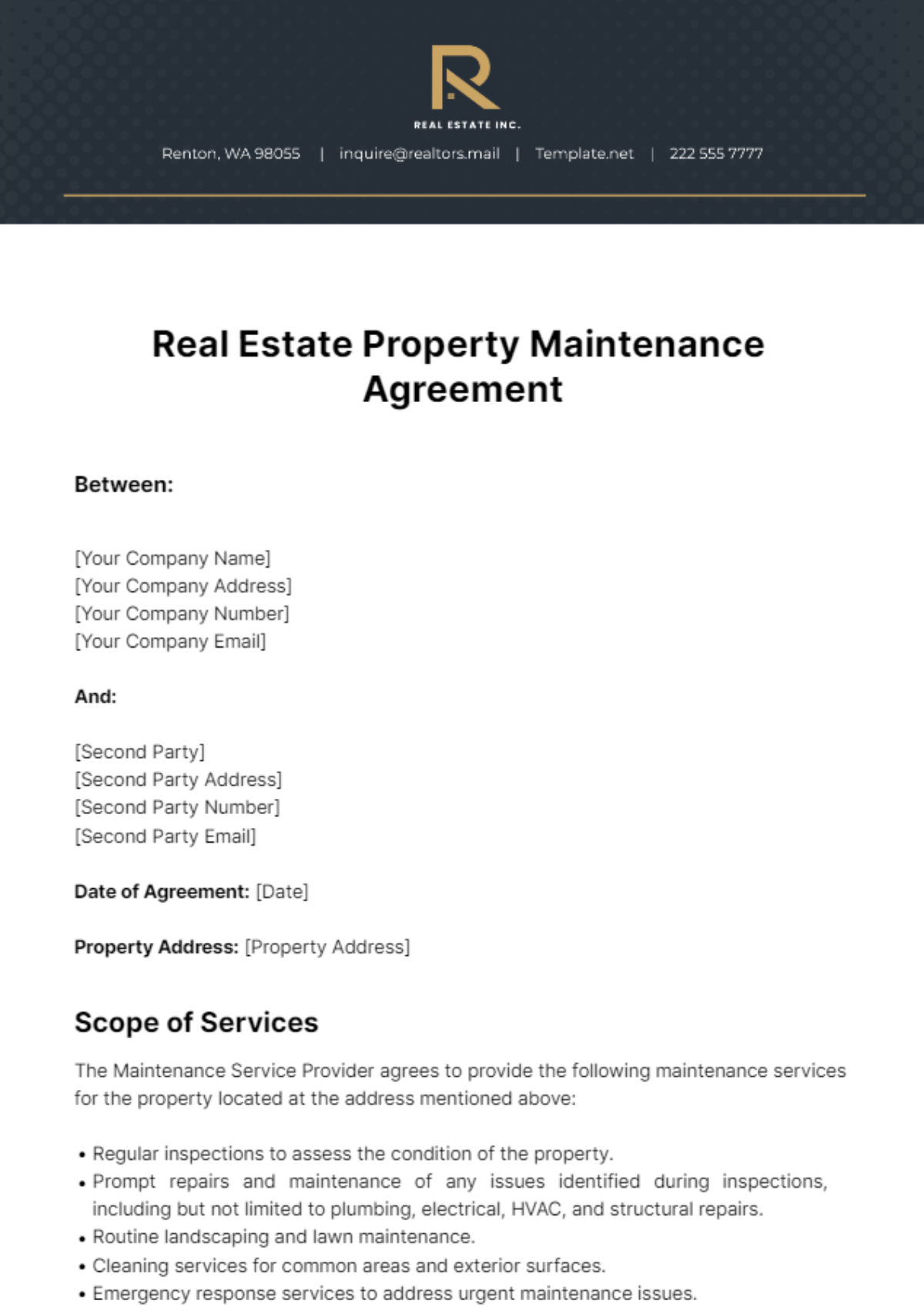 Free Real Estate Property Maintenance Agreement Template