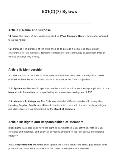 Free 501(C)(7) Bylaws Template to Edit Online